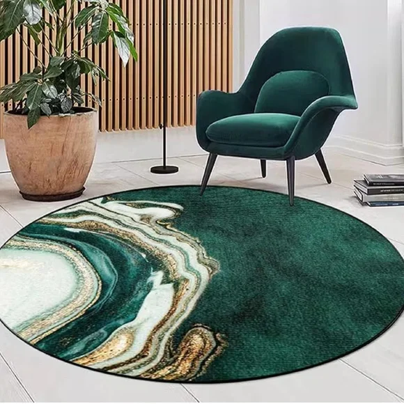 Small Round Green Marble Rug 2ft Emerald Green Area Rugs Washable Abstract - Picture 1 of 4